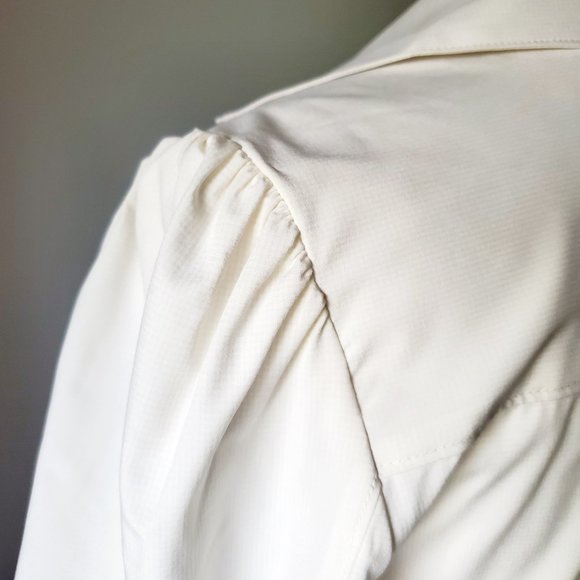 DKNY Couture Style Sculpted Poet Blouse Faux Wrap Balloon Sleeve Collared V Neck - Picture 7 of 10